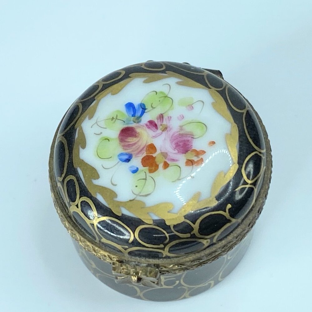 90's Navy BLue Limoges Floral gold trimmed trinket box A32
